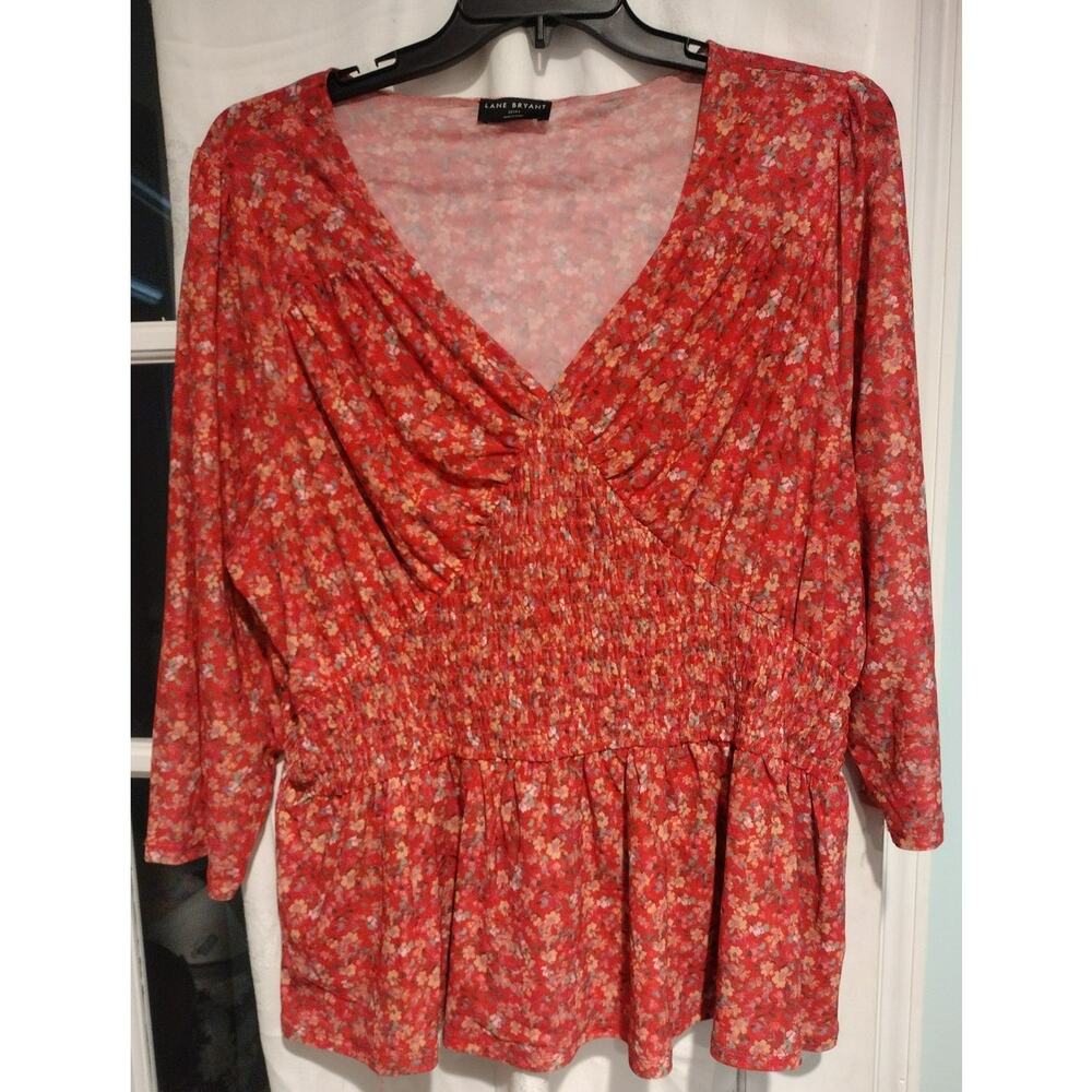 Lane Bryant 22/24 Red Floral Smocked Blouse Puff Sleeves Cottagecore Casual